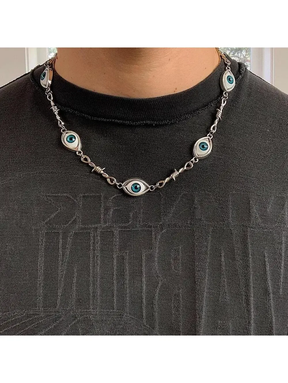 Cyberpunk Eye ball pendant barbwire y2k 2000s style necklace